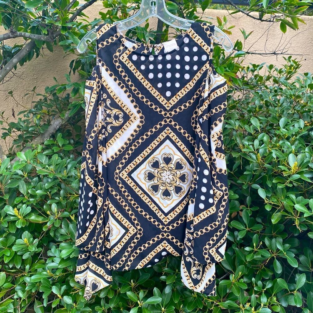 Chico's Cold Shoulder Black/White/Gold Top/Tunic Size Small (0) EUC